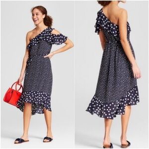 A New Day One Shoulder Navy Blue Polka Dot Dress